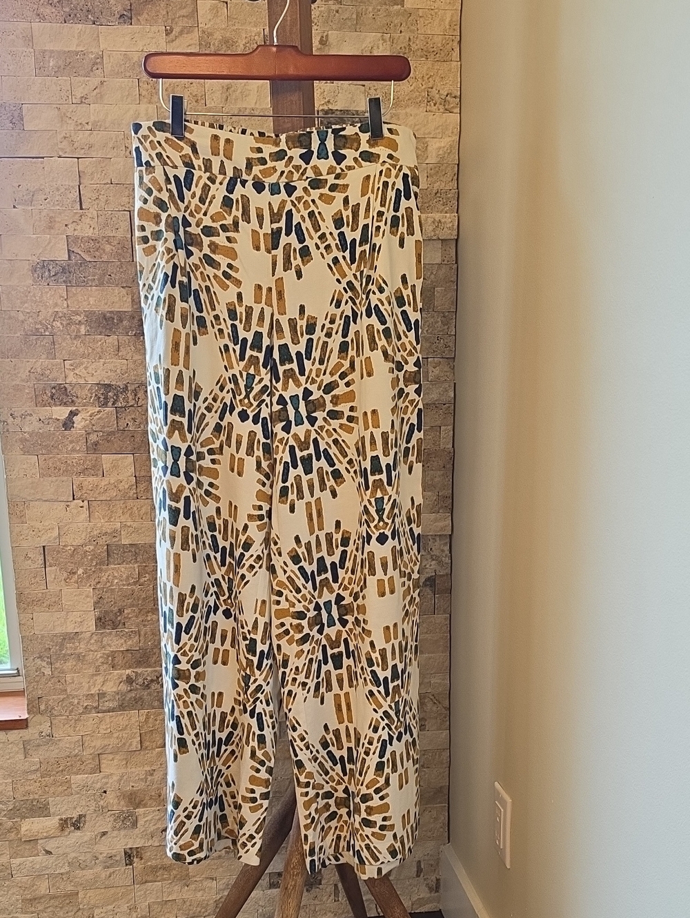 Free People Cream Wide-Leg Pants with Blue and Brown Abstract Print